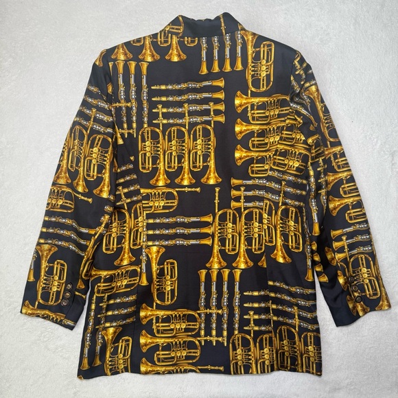 Vintage 1980s Black and Gold Instrument Print Blazer Suit Jacket, 100% Silk - Picture 6 of 10